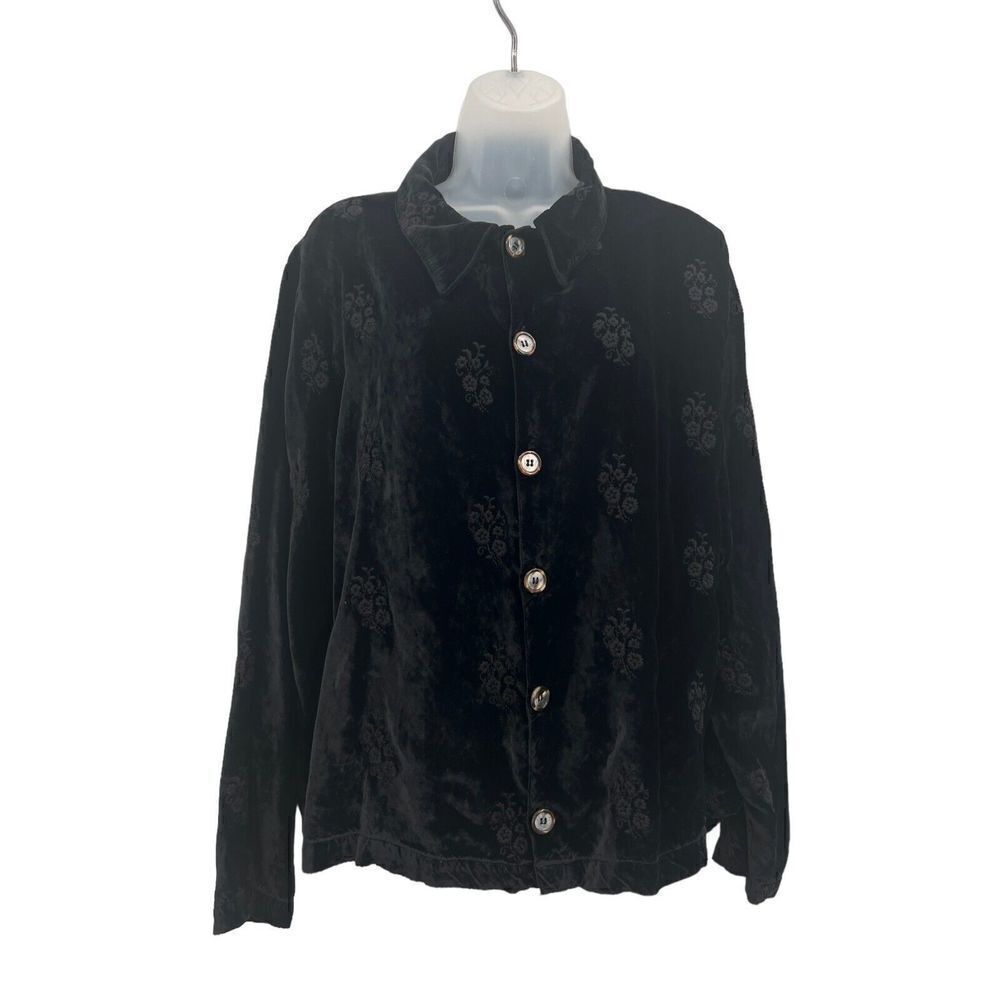 CP Shades Crushed Velvet Rayon Button Down Sz Medium Black Embroidered Top Boho